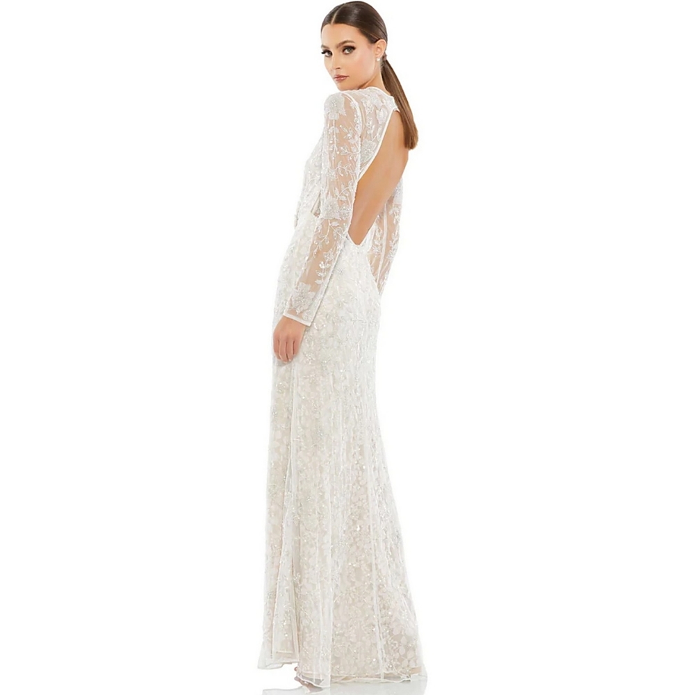 MAC DUGGAL Long Sleeve Foral Embellished White Wedding Gown Bridal Dress Size 4 - Picture 2 of 11